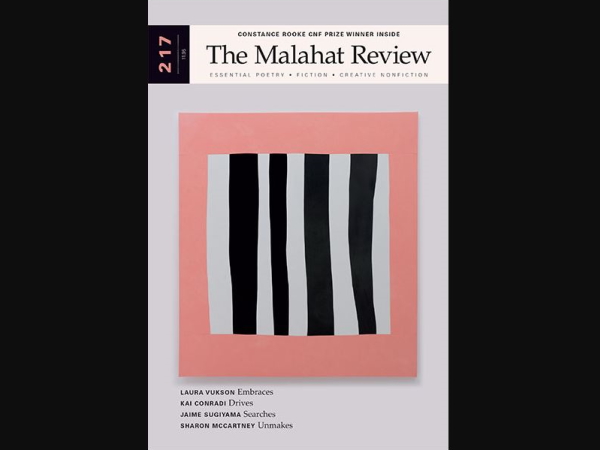 Cover of the Malahat Review issue 217: a pink square surrounding uneven black and white stripes